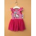 GI0618 เดรสเด็กผู้หญิง แขนกุดบ่าระบาย ลายขวาง Cute คิตตี้ถือโบว์ลูกโป่ง กระโปรงผ้าชีฟองสีชมพูเข้ม